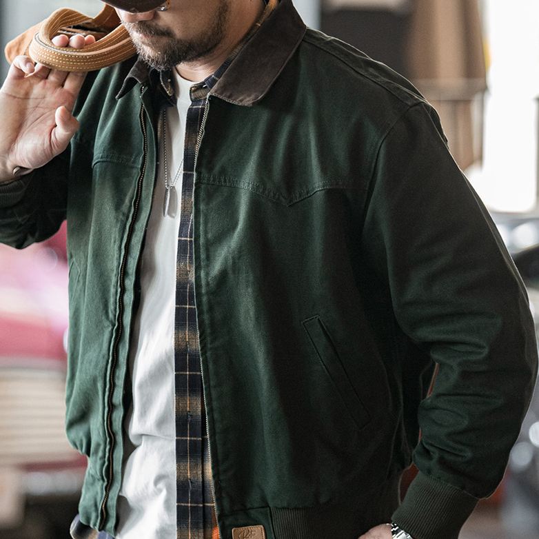 美式復古重磅聖達菲帆布夾克水洗純棉翻領短款外套男秋季-Retro's Wear