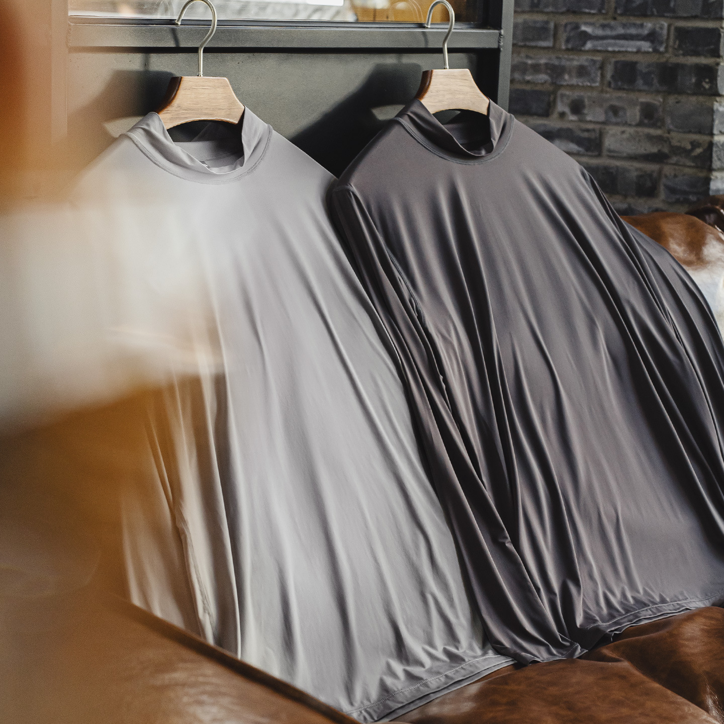 美式半高領長袖T恤健身彈力灰色修身冰絲內搭打底男士秋