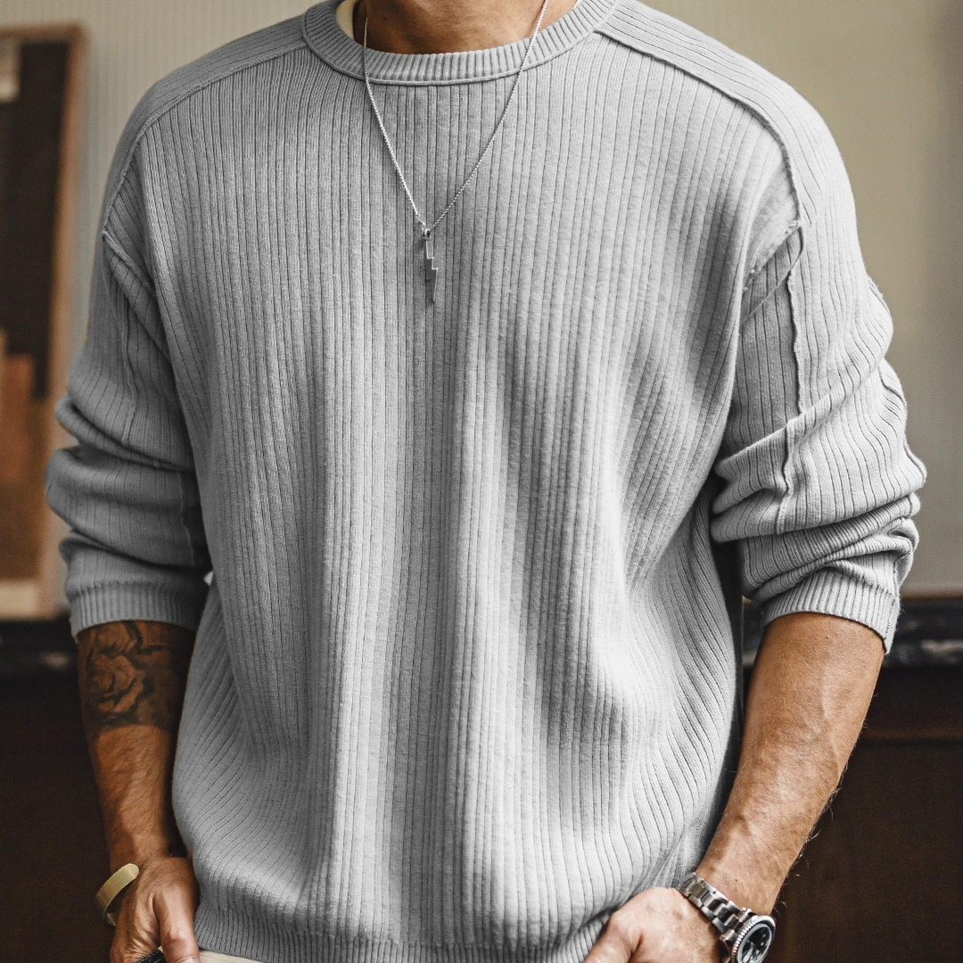 美式休閒灰色針織衫長袖純棉老錢風坑條格雷系毛衣男秋季
