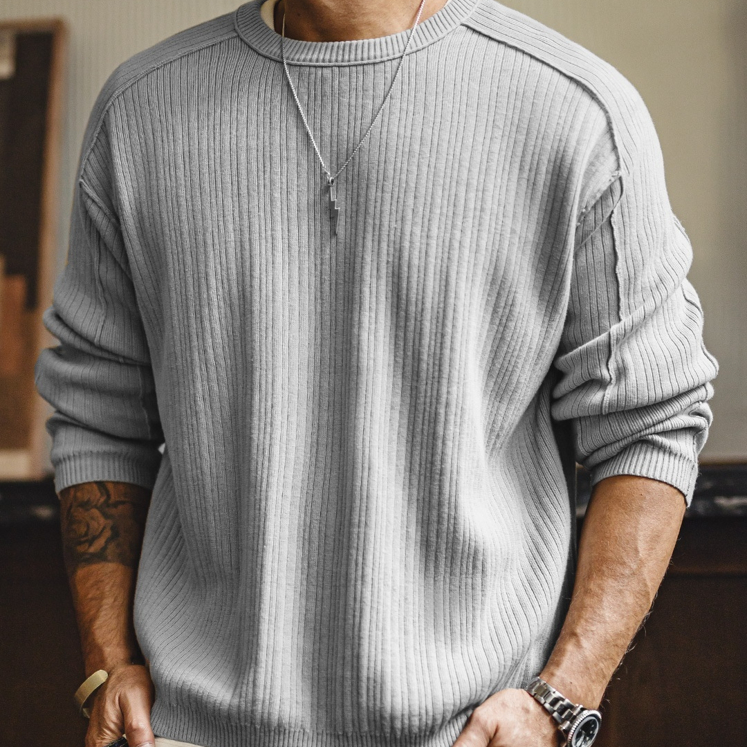 美式休閒灰色針織衫長袖純棉老錢風坑條格雷系毛衣男秋季