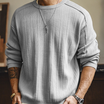 美式休閒灰色針織衫長袖純棉老錢風坑條格雷系毛衣男秋季
