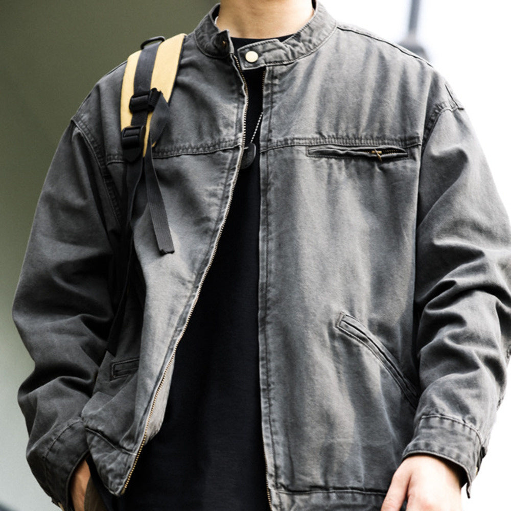 美式vintage立領底特律夾克男微寬帆布做舊戶外硬漢工裝外套-Retro's Wear
