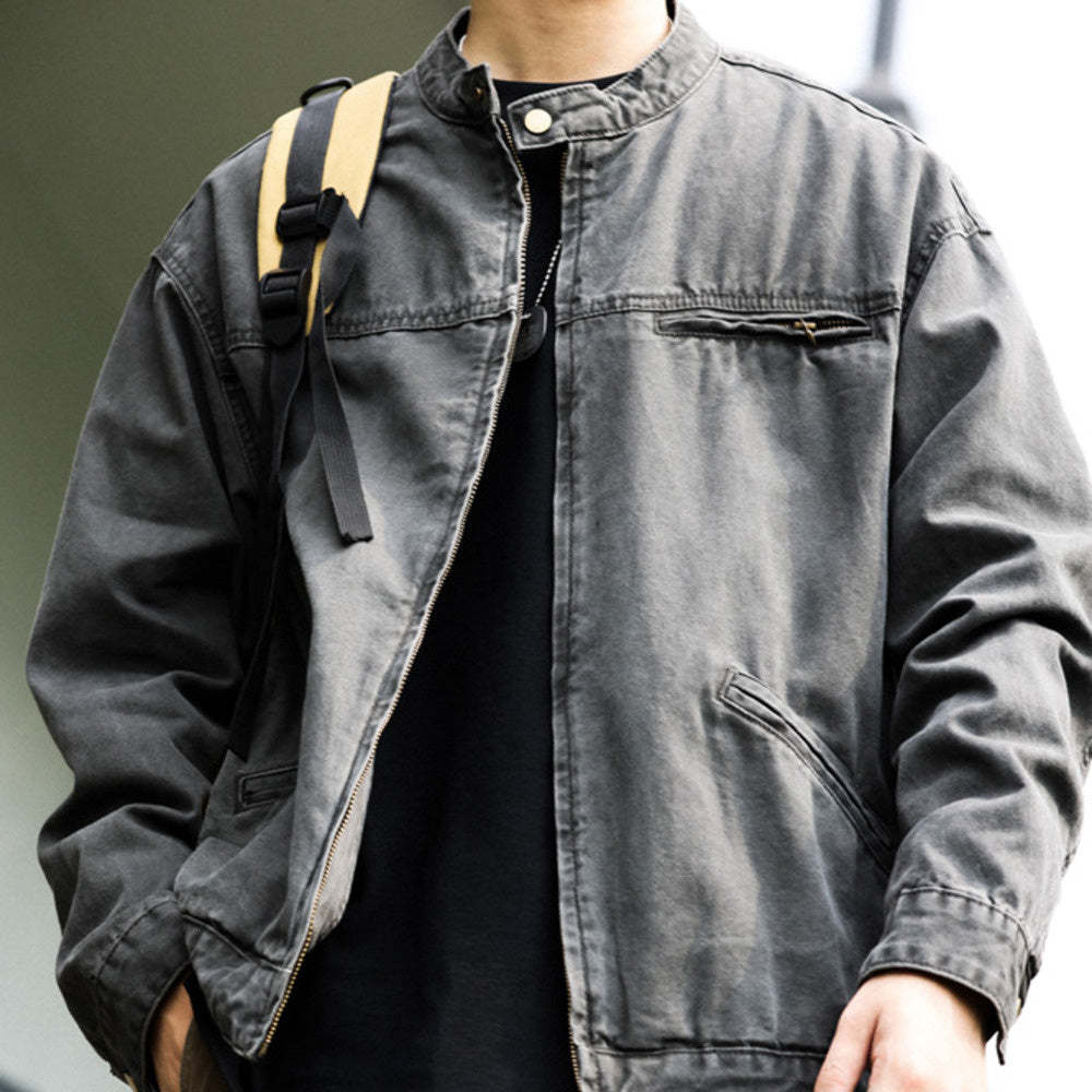 美式vintage立領底特律夾克男微寬帆布做舊戶外硬漢工裝外套-Retro's Wear