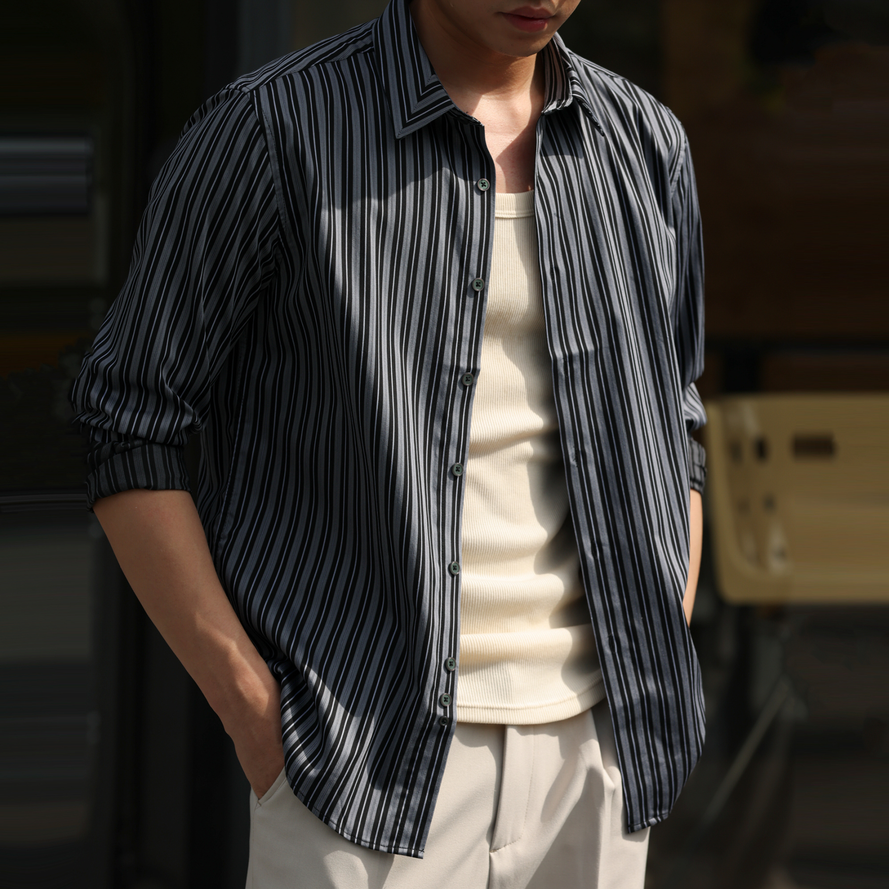 130g莫代爾豎條紋長袖襯衫男休閒親膚免燙輕奢感襯衣秋