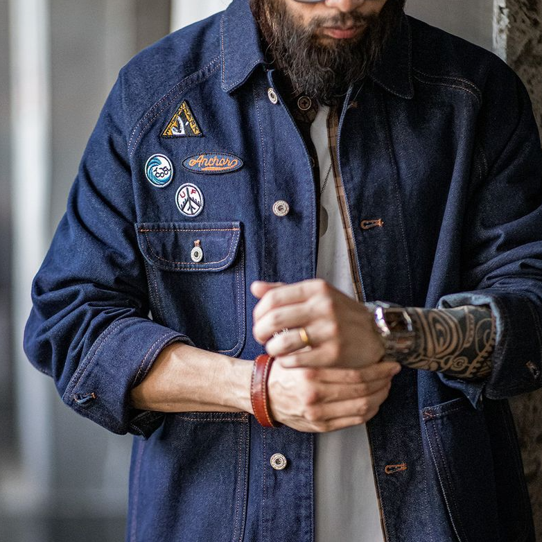 美式復古刺繡徽章牛仔夾克重磅水洗翻領休閒外套男秋冬季-Retro's Wear