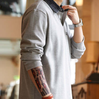 美式復古撞色領口長袖POLO衫男寬鬆休閒運動翻領針織T恤衛衣-Retro's Wear