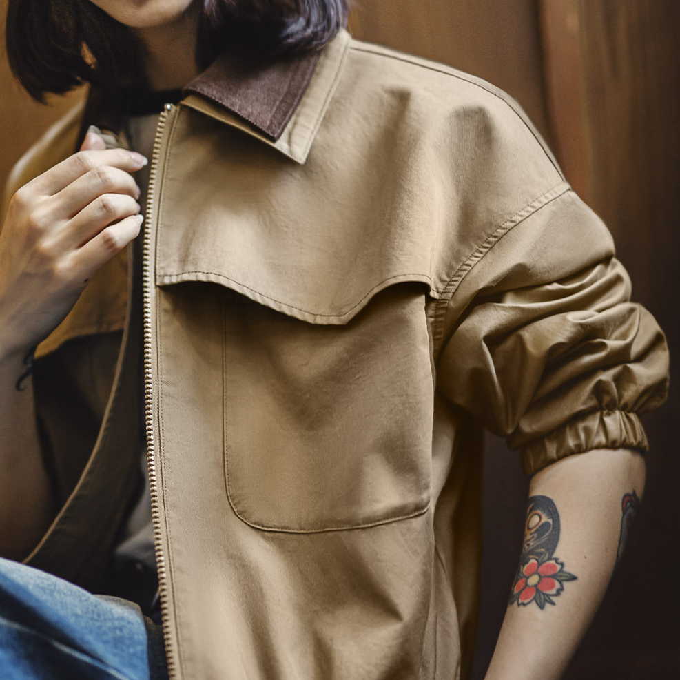 復古巴恩風燈芯絨撞色翻領短款收腰工裝狩獵茄夾克外套女士秋