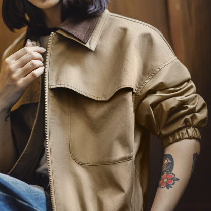 復古巴恩風燈芯絨撞色翻領短款收腰工裝狩獵茄夾克外套女士秋