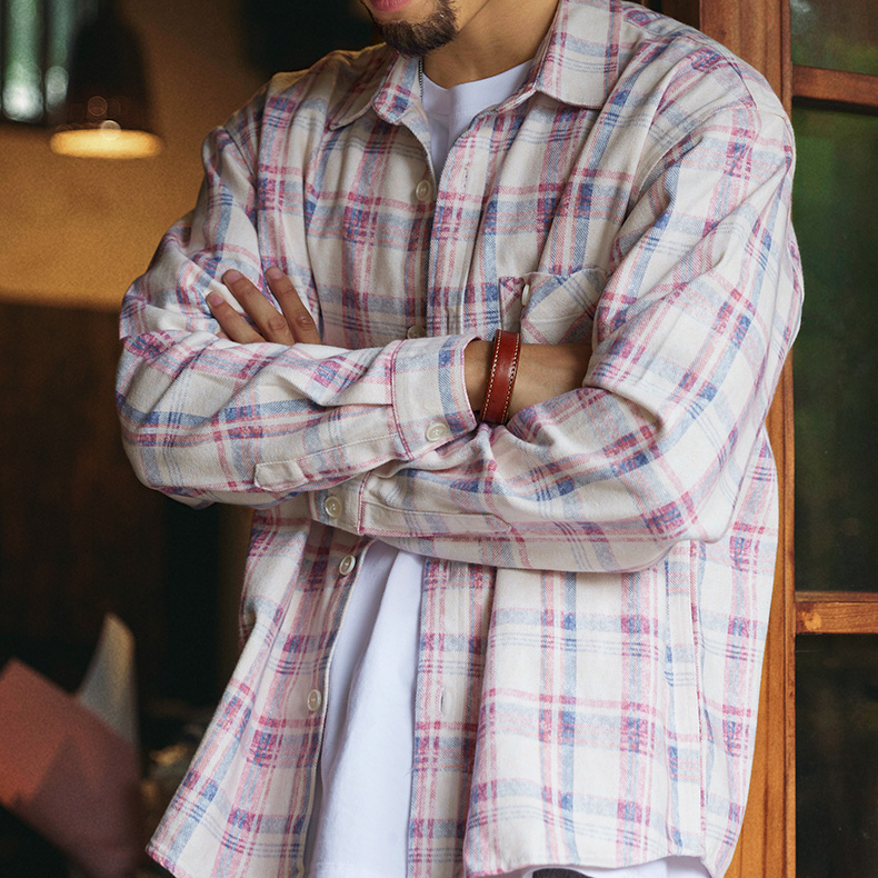 天絲萊賽爾淡粉色長袖襯衫男2025秋季新款水洗斑駁肌理感格子襯衣