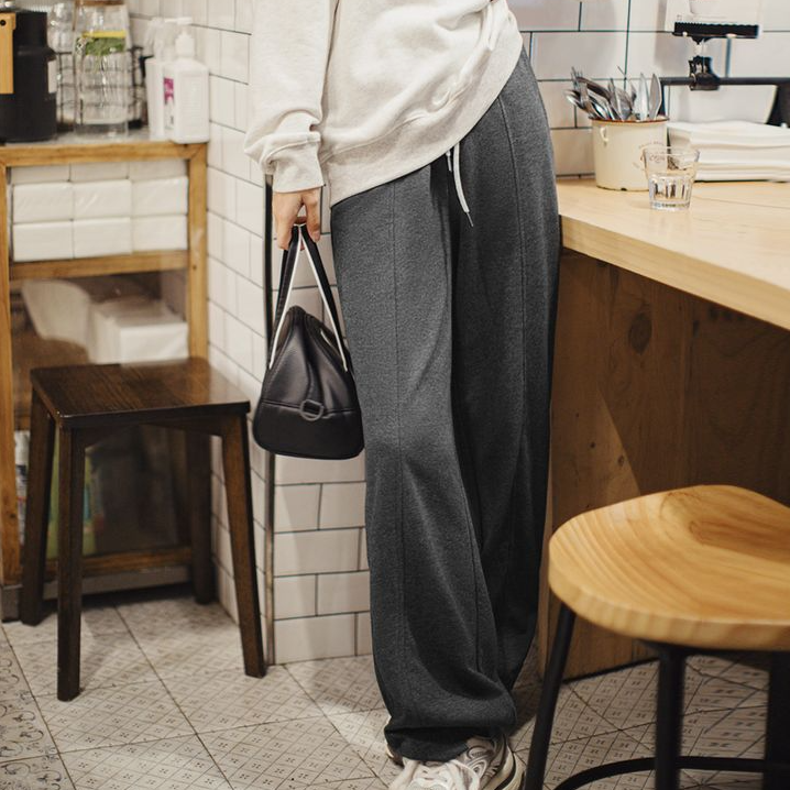 Athflow風直筒衛褲鬆弛感休閒褲寬鬆闊腿褲鬆緊腰長褲秋冬女