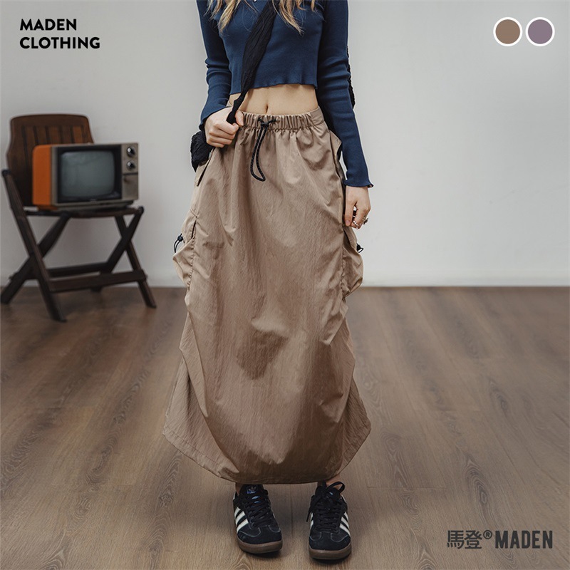 復古工裝a字裙多口袋綁帶抽褶裙子顯瘦中腰半身長裙女春