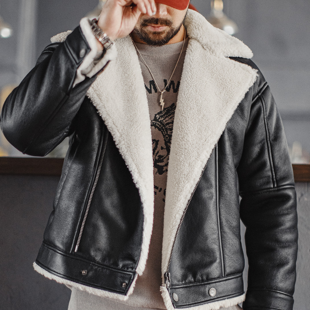美式G1飛行服夾克bomber仿羊羔絨荔枝紋皮衣保暖外套男冬