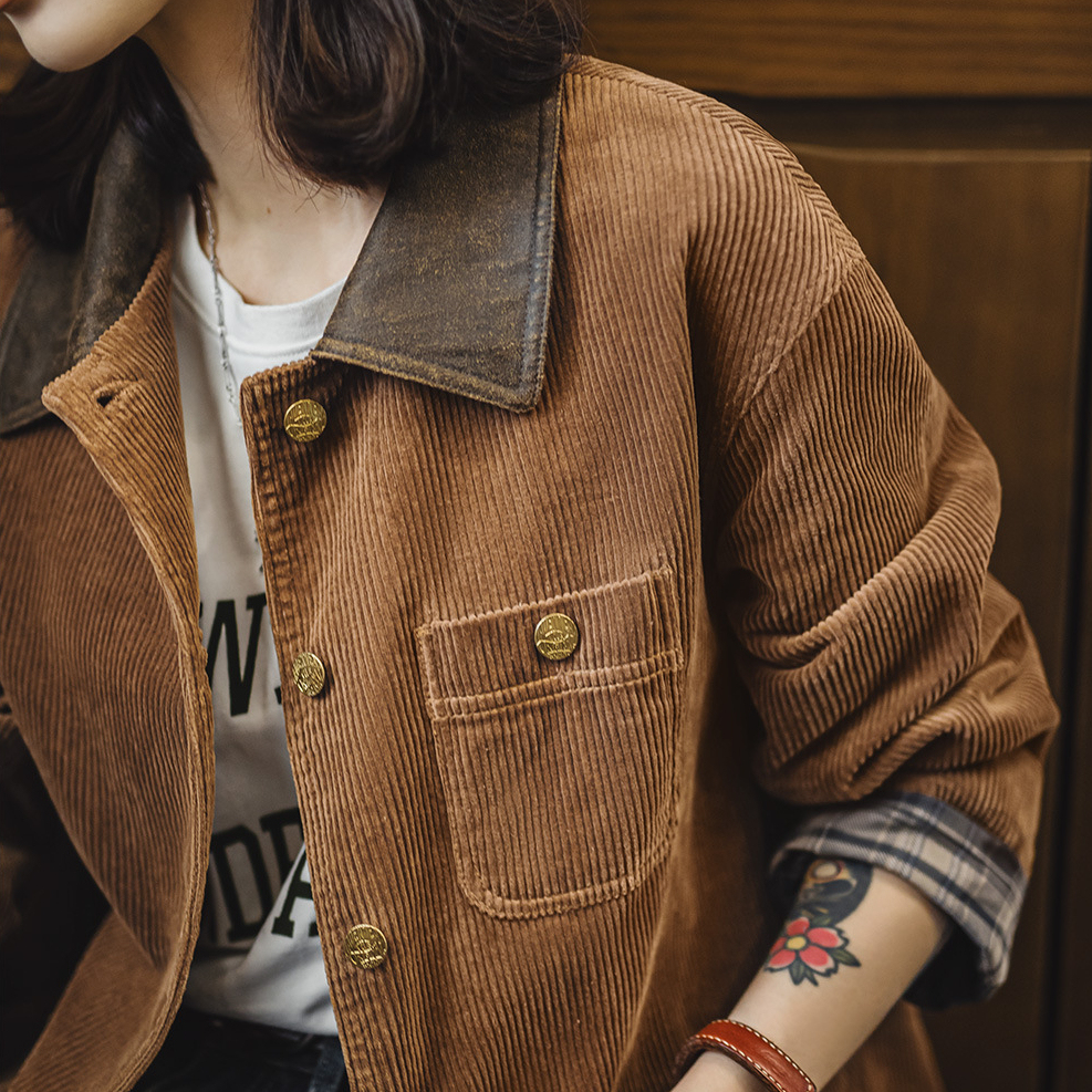 復古美拉德撞棕色燈芯條絨麂皮翻領工裝獵裝夾克外套上衣女秋
