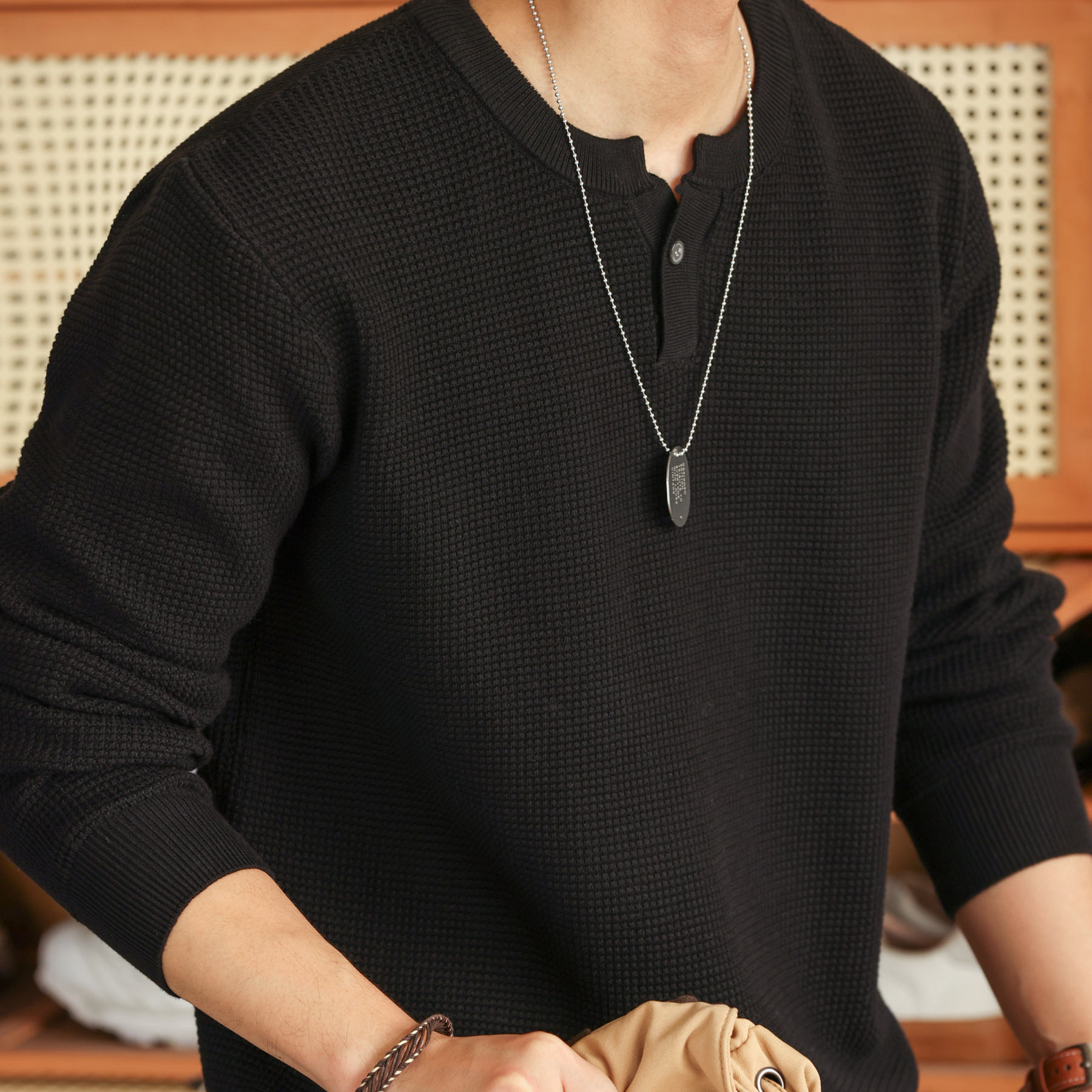 美式新貴亨利領長袖針織衫男細針花紗復古休閒內搭T恤秋