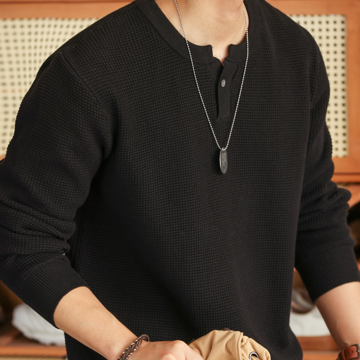 美式新貴亨利領長袖針織衫男細針花紗復古休閒內搭T恤秋