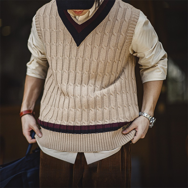 美式復古IVY針織V領毛衣背心學院風撞色絞花無袖馬甲男秋-Retro's Wear