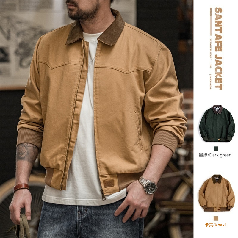 美式復古重磅聖達菲帆布夾克水洗純棉翻領短款外套男秋季-Retro's Wear