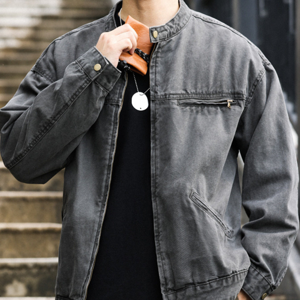 美式vintage立領底特律夾克男微寬帆布做舊戶外硬漢工裝外套-Retro's Wear