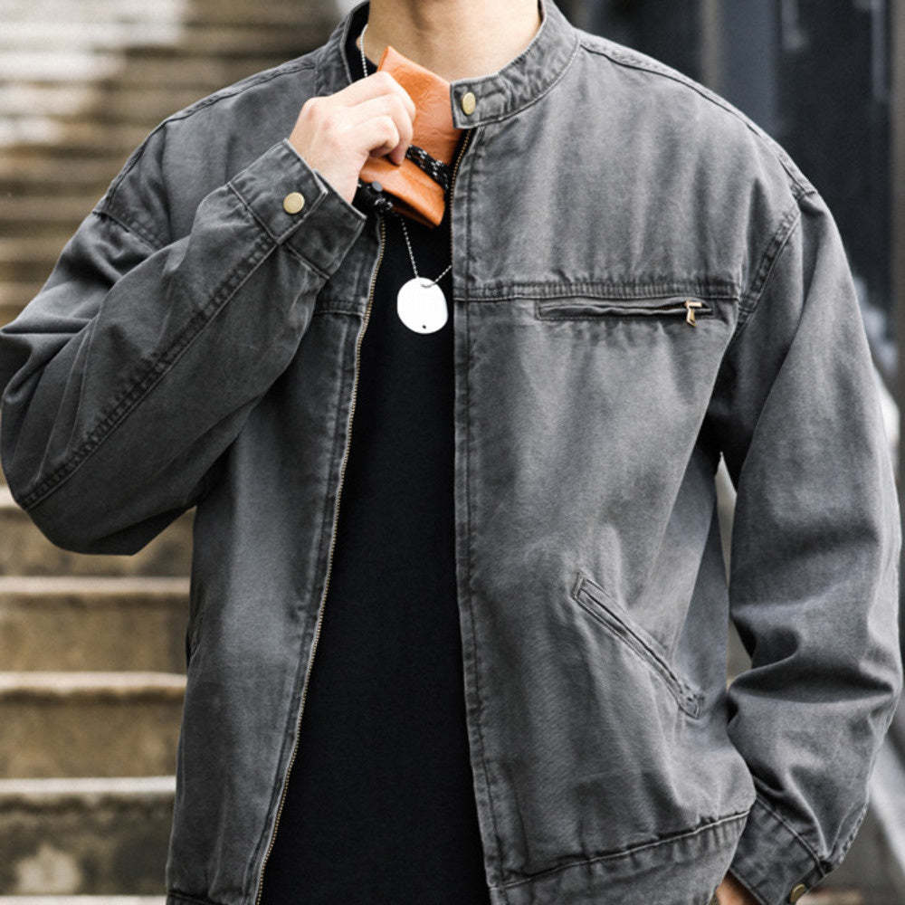 美式vintage立領底特律夾克男微寬帆布做舊戶外硬漢工裝外套-Retro's Wear
