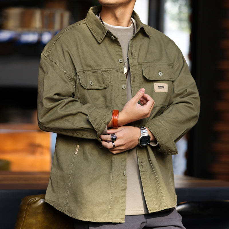 美式復古工裝男士長袖襯衫外套純棉重磅疊穿獵裝襯衣夾克秋-Retro's Wear
