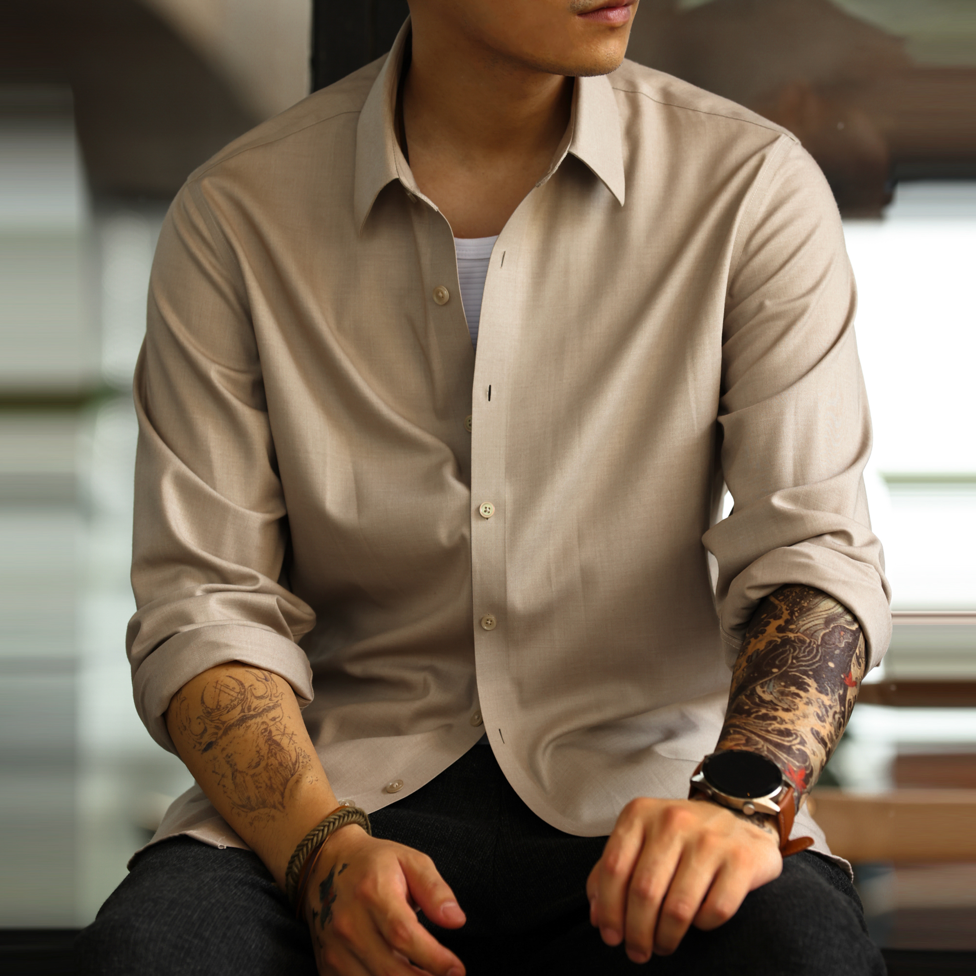 抗皺免燙莫代爾長袖襯衫男美式休閒通勤外搭襯衣打底衫