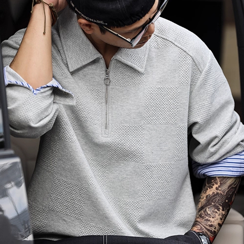 美式休閒半拉鍊polo衛衣男高級感提花針織疊穿長袖上衣
