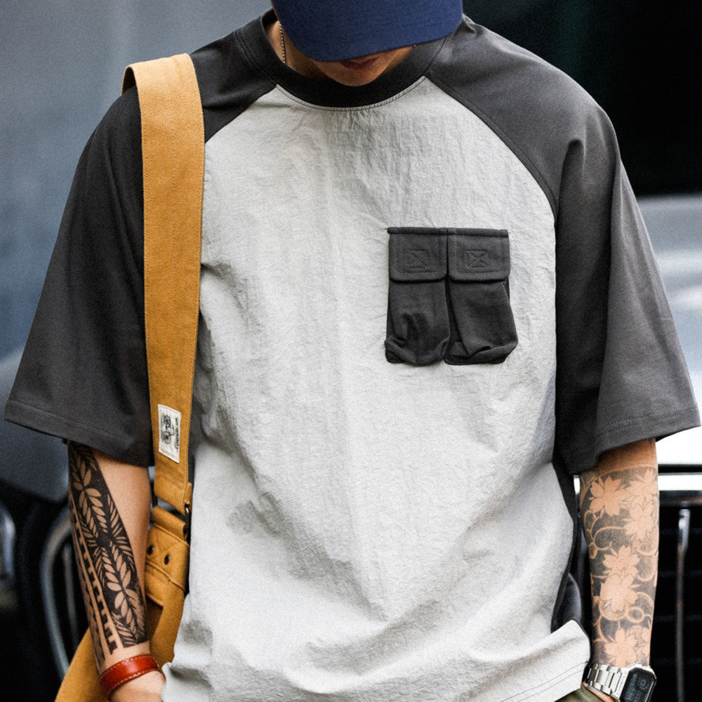 美式復古運動短袖T恤男寬鬆cityboy風格戶外休閒拼接口袋TEE-Retro's Wear
