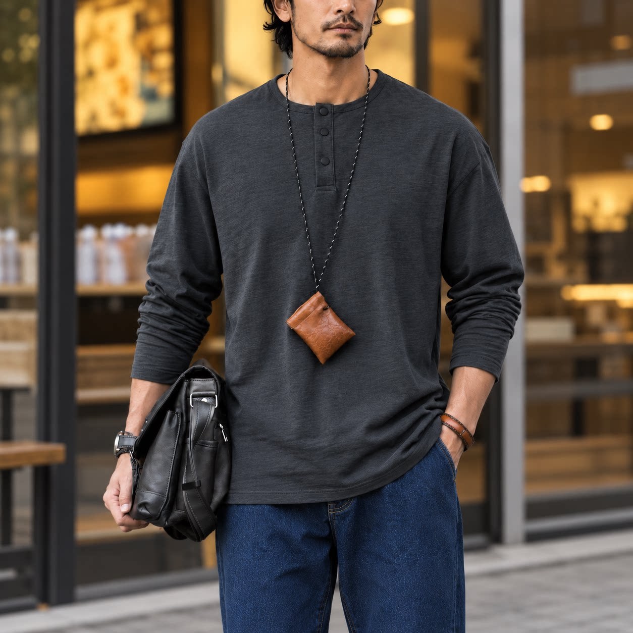 秋季新款日系復古衛衣男士竹節棉寬鬆百搭長袖打底衫