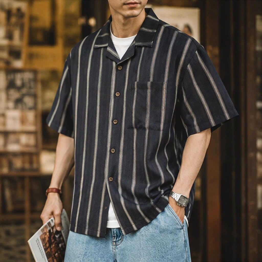 夏季新款日系萊賽爾襯衫男士輕薄慵懶感條紋短袖上衣