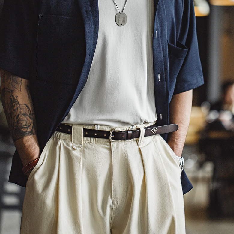 復古黑色頭層牛皮腰帶阿美咔嘰針扣腰鏈配飾真皮皮帶男士-Retro's Wear