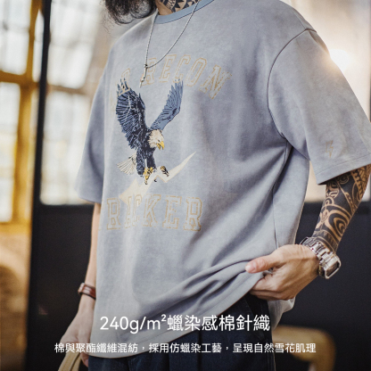 美式復古印花做舊仿蠟染圓領藍色落肩針織短袖T恤男士夏