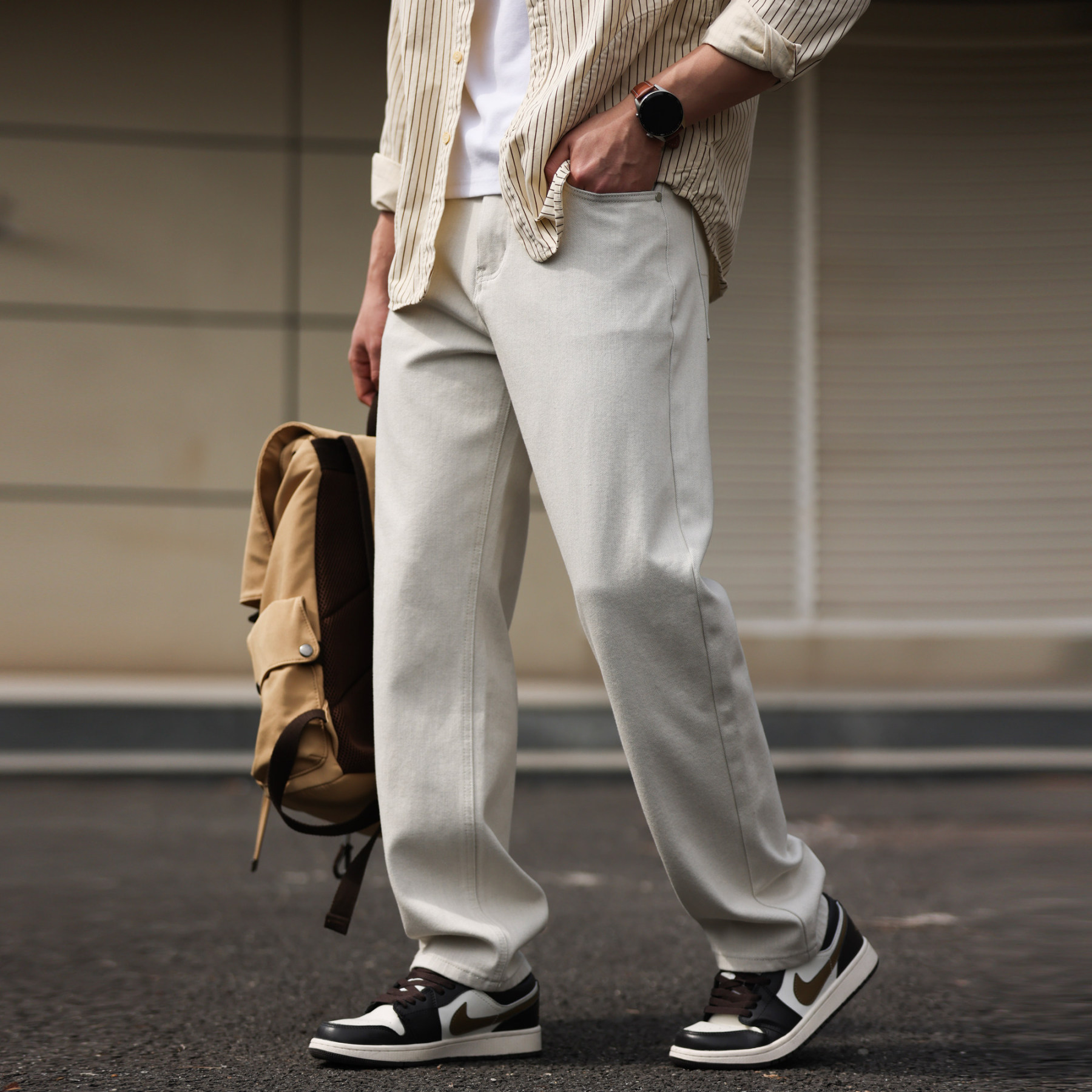 【西部牧場】12.8oz四面彈白色牛仔褲男合體直筒休閒長褲