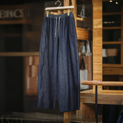 復古冰皮香蕉牛仔褲凉感柔軟面料通勤蘿蔔褲鬆緊系腰褲子春女