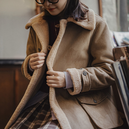 復古巴恩風皮毛一體立翻領中長款加絨夾棉服襖大衣外套秋冬女