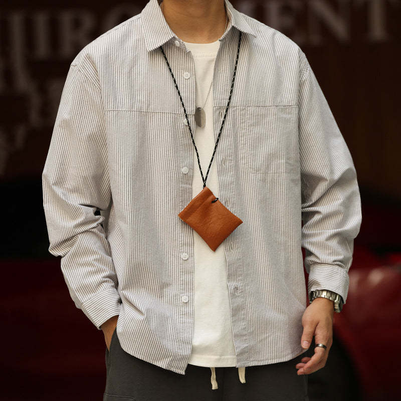日系高級感細條紋長袖襯衫男純棉疊穿艺文復古休閒襯衣秋-Retro's Wear