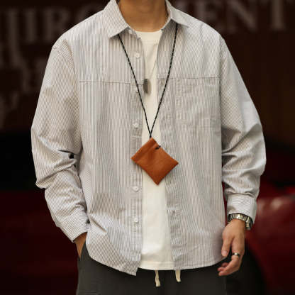 日系高級感細條紋長袖襯衫男純棉疊穿艺文復古休閒襯衣秋-Retro's Wear