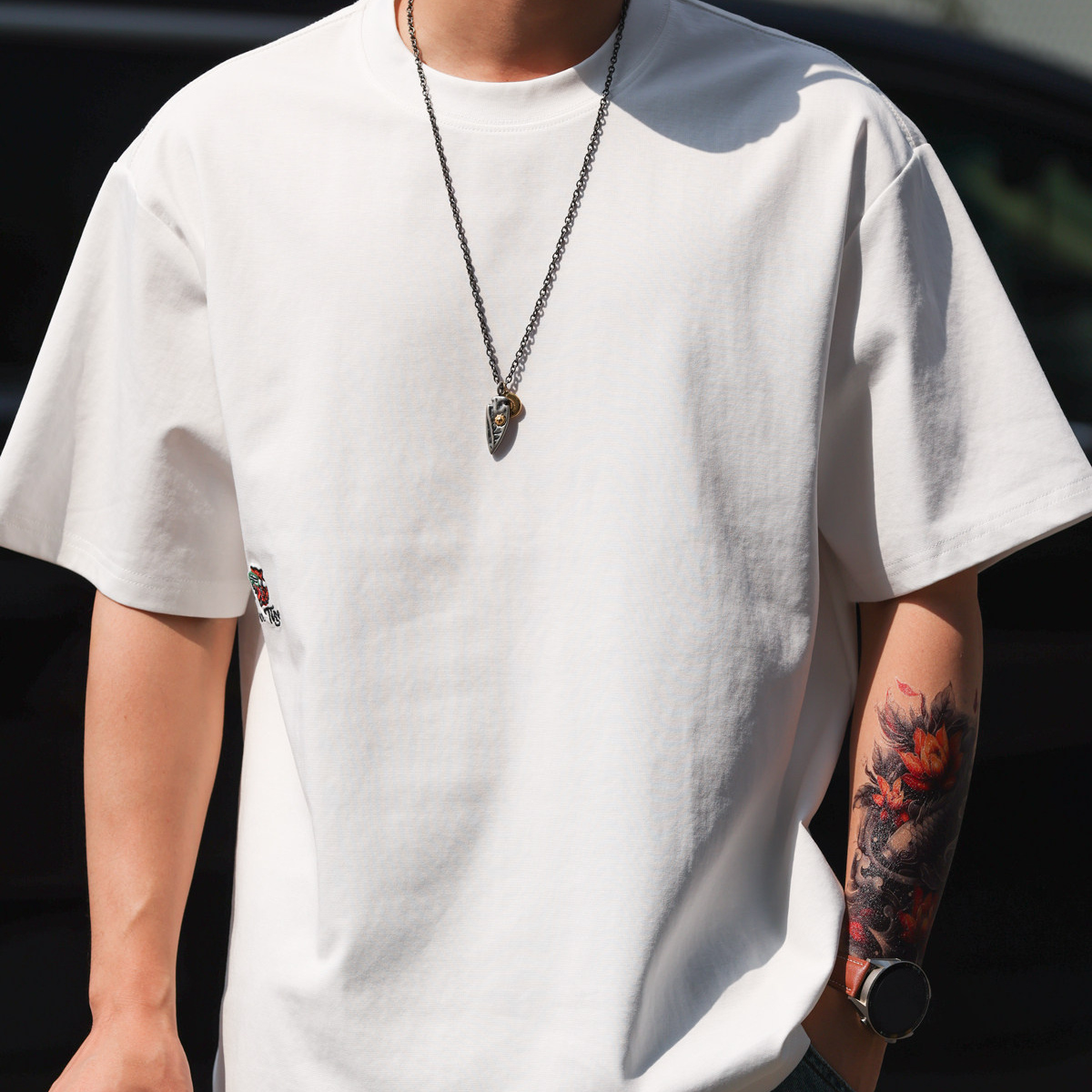 220g飛虎趣味刺繡短袖T恤男士美式休閒寬鬆圓領打底衫夏