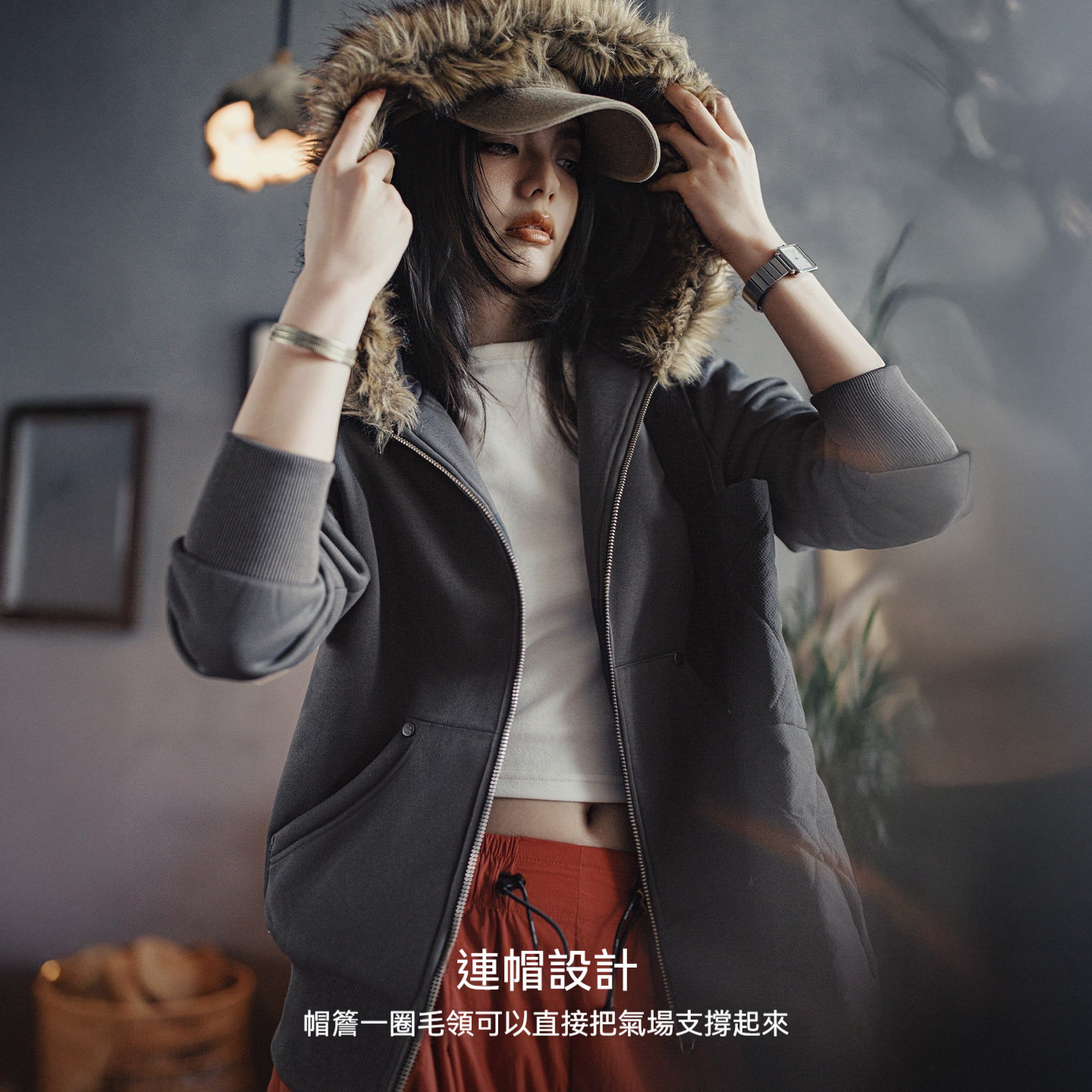 美式灰色搖粒絨保暖毛領拉鍊開衫連帽加厚衛衣外套上衣女秋冬