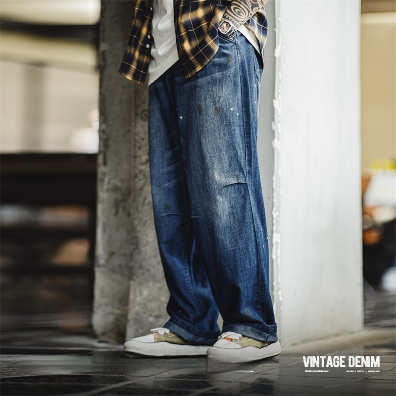 美式復古做舊磨白猫須牛仔褲寬鬆水洗丹寧潑墨直筒褲男秋-Retro's Wear