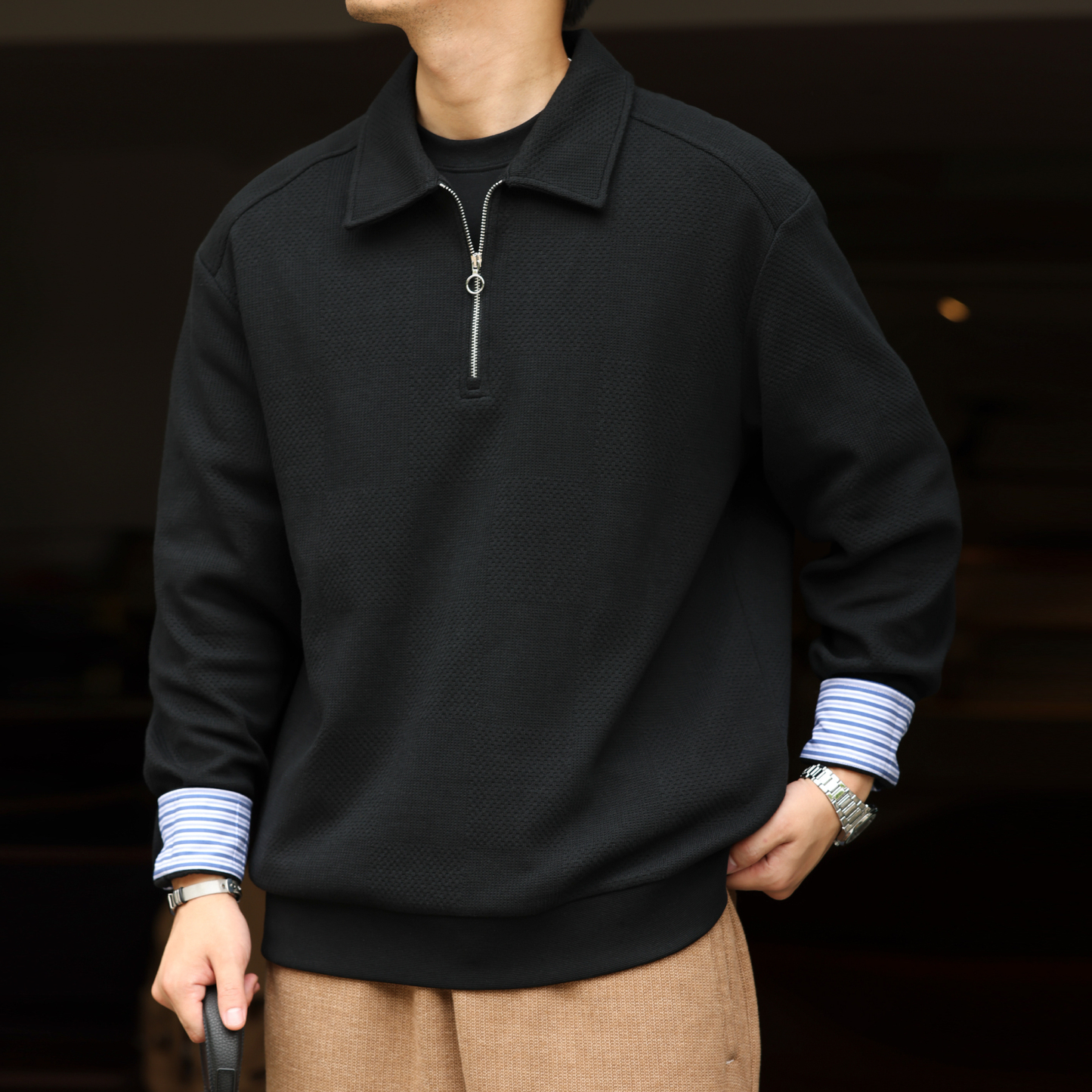 美式休閒半拉鍊polo衛衣男高級感提花針織疊穿長袖上衣