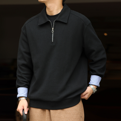 美式休閒半拉鍊polo衛衣男高級感提花針織疊穿長袖上衣