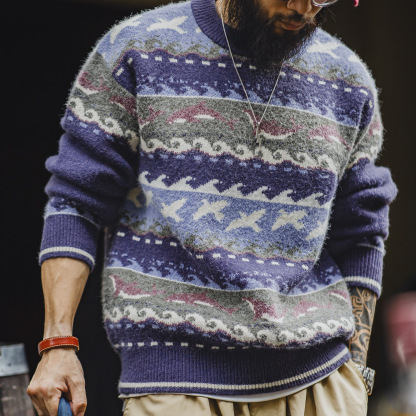 美式復古費爾島毛衣圓領套頭加厚寬鬆保暖外穿針織衫男冬