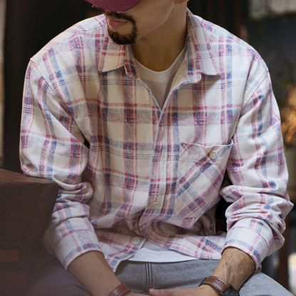 天絲萊賽爾淡粉色長袖襯衫男2025秋季新款水洗斑駁肌理感格子襯衣