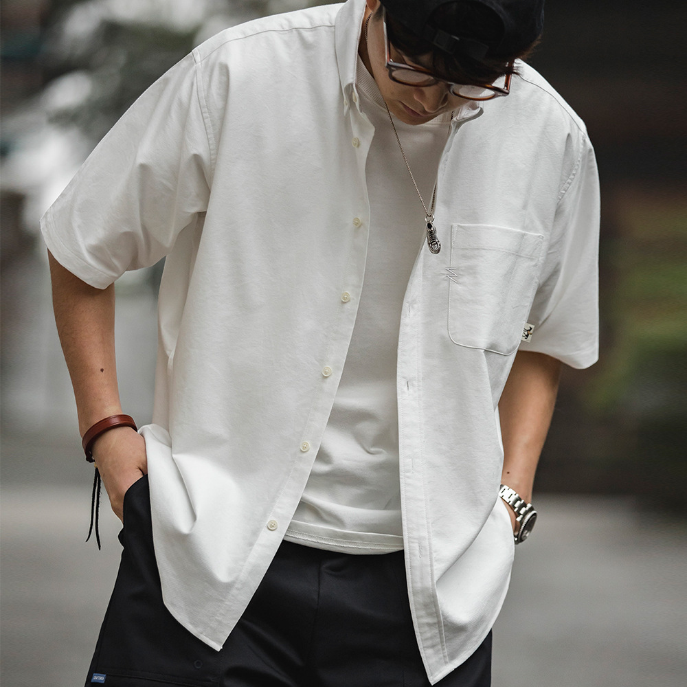 美式復古oversize白色疊穿短袖襯衫寬鬆cityboy襯衣男夏