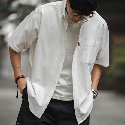 美式復古oversize白色疊穿短袖襯衫寬鬆cityboy襯衣男夏