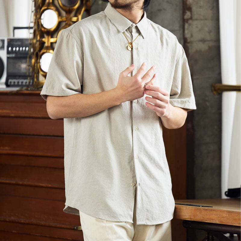 法式休閒抗皺免燙短袖襯衫男桃皮絨高級感復古痞帥襯衣