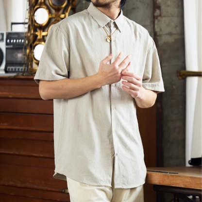 法式休閒抗皺免燙短袖襯衫男桃皮絨高級感復古痞帥襯衣