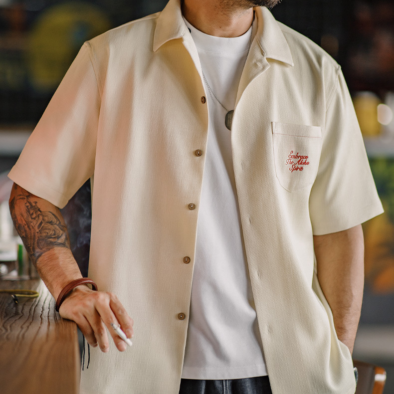 美式復古夏威夷刺繡短袖襯衫竹節紋垂感古巴領襯衣男夏季