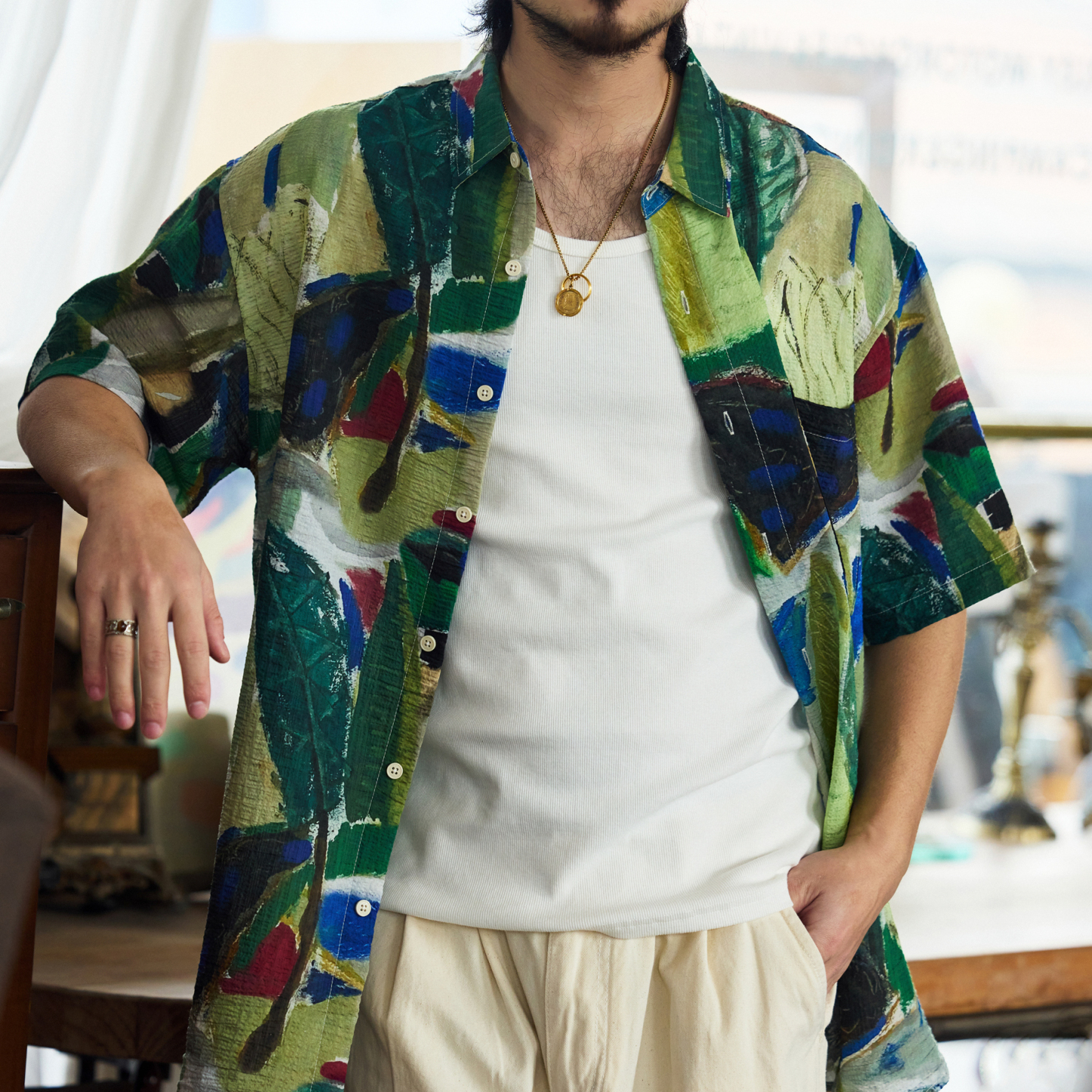 美式休閒110g夏威夷塗鴉花襯衫男夏日沙灘度假短袖襯衣