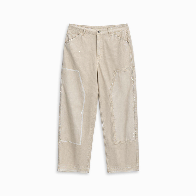 MRA破壞潑墨寬鬆米白牛仔褲復古休閒直筒多口袋伐木工褲男夏